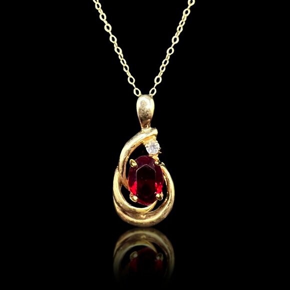 Vintage Faux Red Ruby and Cubic Zirconia 18K GE Pendant on 14k GF Chain Signed - Picture 1 of 7